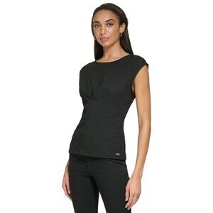 CALVIN KLEIN Black Cap Sleeve Pleated V-Bodice Textured Blouse NWT